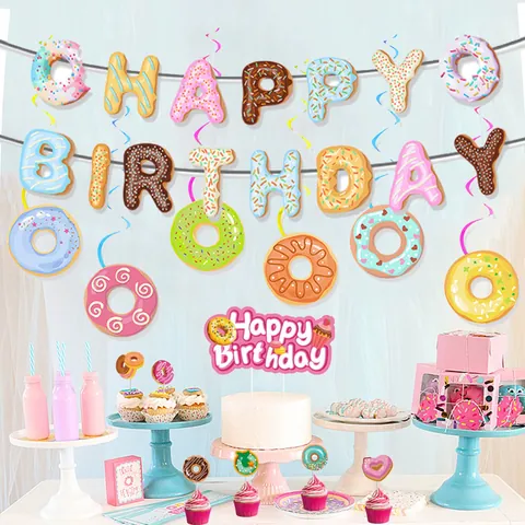 Donut Verjaardag Banner Kleurrijke Papieren Slinger Happy Birthday Letter Hangende Spiralen Kinderen Babyfeest Decoratie