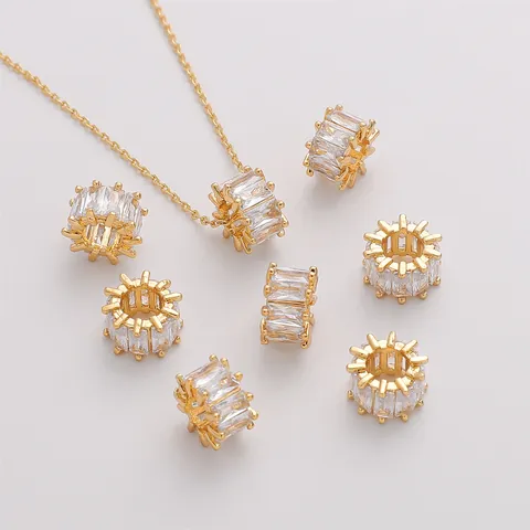 18K Gold Plated Copper Cylinder Wheel Pendant Micro Inlaid Baguette Zircon Charms For DIY Necklace Bracelet Making Jewelry