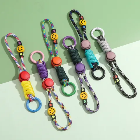 Handmade Colorful Braided Rope Keychain Polyester Alloy Smiley Face Heart Beads Bag Pendant Key Ring Accessory For Women Kids