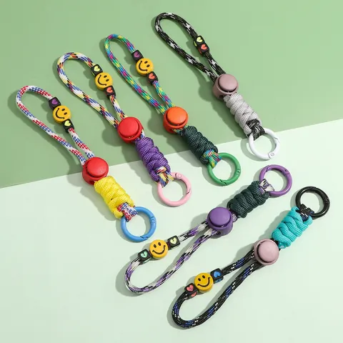Handmade Braided Paracord Keychain With Smiley Face Heart Beads Alloy Clasp Cute Bag Pendant Car Key Ring For Women Girls