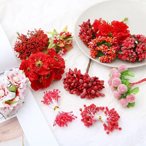 Red Artificial Berries And Stamens Foam Flower For DIY Craft Hair Accessories Christmas Decorative Berries For Wreath Making