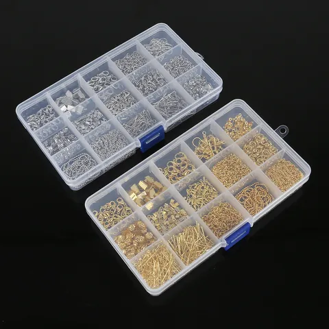 Kit de Suministros para Creación de Joyas DIY Conjunto de Accesorios de Metal Galvanizado Con Cierres de Langosta Anillos de Salto Abiertos Ganchos para Pendientes Alfileres en T Alfileres de Ojo Cadena para Pendientes Collares Pulsera 15 Rejilla