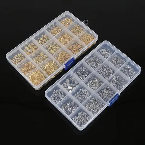 Kit de Suministros para Creación de Joyas DIY Conjunto de Accesorios de Metal Galvanizado Con Cierres de Langosta Anillos de Salto Abiertos Ganchos para Pendientes Alfileres en T Alfileres de Ojo Cadena para Pendientes Collares Pulsera 15 Rejilla