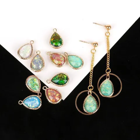 Copper Edging Waterdrop Shape Iridescent Synthetic Opal Pendants For DIY Earring Jewelry Making Accessory Shimmer Charms