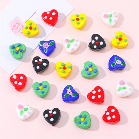 Handgefertigte Lampwork Glas Herzperlen Mit Punkt Blumen Muster Für DIY Armband Halskette Schmuckherstellung Zubehör