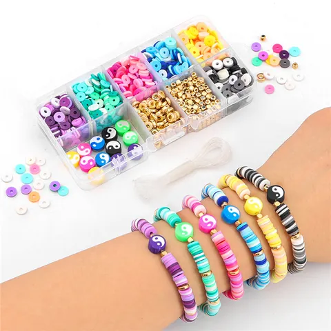 Multi Compartment Schmuckherstellung Set 6mm Polymer-Ton Heishi Perlen Mit Yin Yang Perlen Legierung Abstandshalter Elastische Linie Set