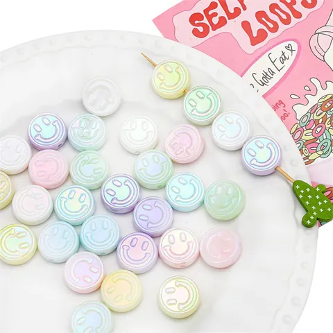 DIY Acrylic Iridescent Pearlescent Smiley Face Round Flat Beads Macaron Colors For Bracelet Necklace Jewelry Making