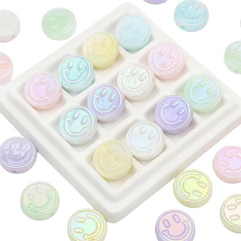 DIY Acrylic Iridescent Pearlescent Smiley Face Round Flat Beads Macaron Colors For Bracelet Necklace Jewelry Making