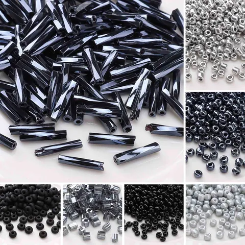 High Quality Glass Seed Beads For DIY Jewelry Making Necklace Bracelet Phone Chain Craft Black Grey Silver Glass Bugle Beads Mixed Sizes Small Round Loose Spacer Beads