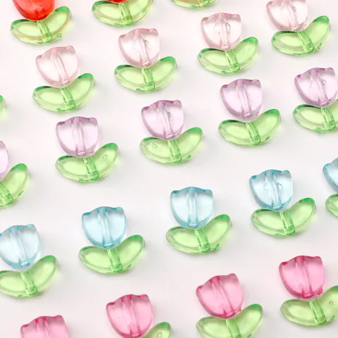 Tulip Flower Acrylic Beads With Leaf Floral Transparent Loose Beads For DIY Jewelry Making Handmade Necklace Material