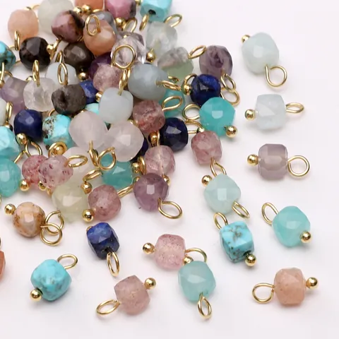 Natural Stone Faceted Cube Pendant Charms Gold Plated Alloy DIY Jewelry Making For Necklace Earring Bracelet Women Handcrafted Accessory