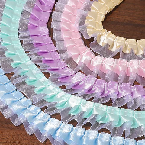 Double Layered Pleated Lace Trim Ribbon Polyester Satin Organza For DIY Handmade Hair Accessories Sewing Craft Decoration Material