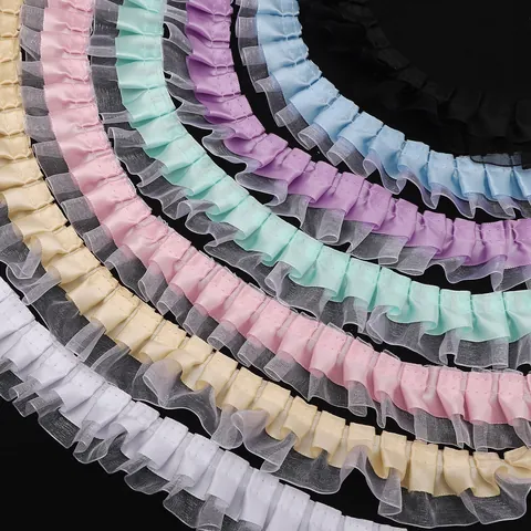 Double Layer Pleated Organza Satin Lace Trim Ruffle Ribbon For DIY Hair Accessories Choker Headband Decoration Craft