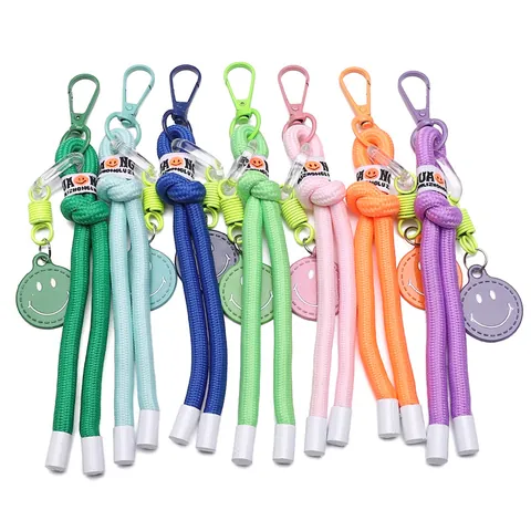 Braided Nylon Rope Smiley Face Keychain Alloy Metal Clasp Bag Ornament Mobile Phone Charm Colorful Fashion Accessory
