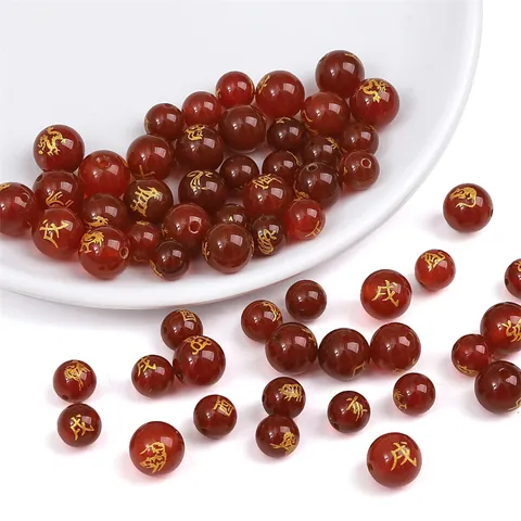 Natural Red Agate Loose Beads With Golden Chinese Zodiac Animals Engraved Round Polished Agate Beads For DIY Jewelry Making Crafts