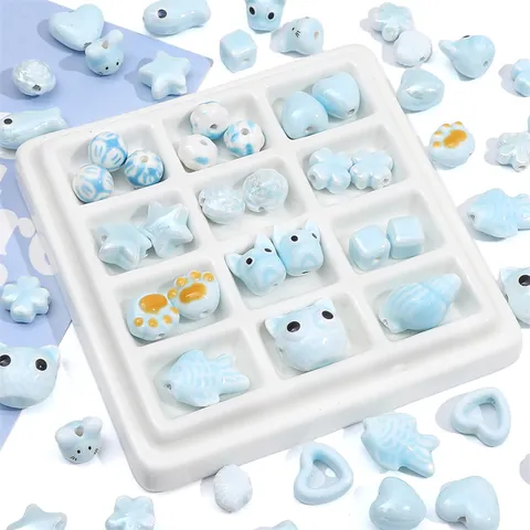 Mignonnes Perles en Céramique Bleue Perles d'Espacement de Forme Irrégulière Fleur Cœur Chat Animal Porcelaine Pour Fabrication de Bijoux Bricolage Fait Main