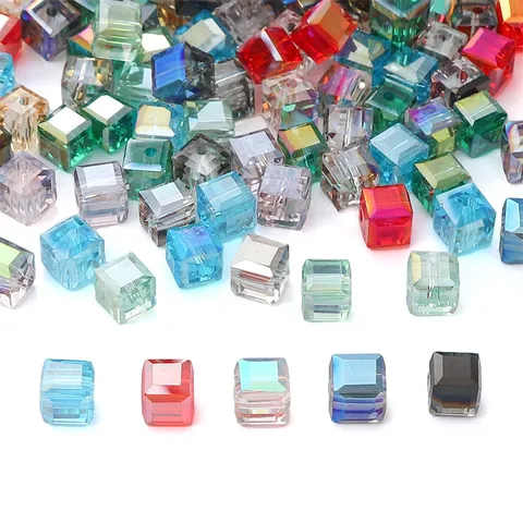 Square Glass Cube Loose Beads Faceted AB Plated Aurora Effect Crystal Beads For DIY Jewelry Making Necklace Bracelet Women Craft