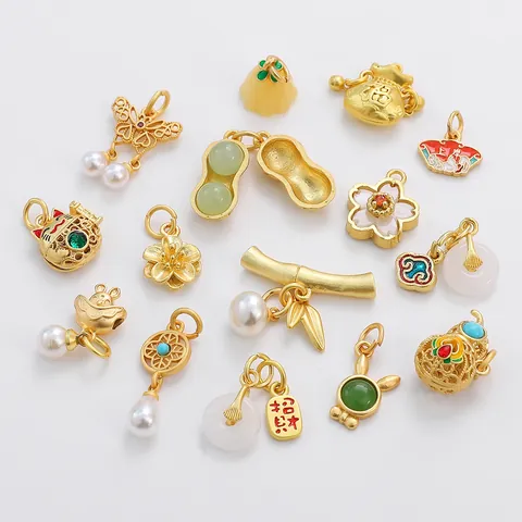 Chinese Style Copper Enamel Lucky Charm Pendants For DIY Jewelry Making Lucky Cat Gourd Fan Peanut Bamboo Shape Gold Findings