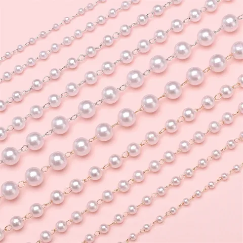 ABS Artificial Pearl Bead Jewelry Chain Alloy Links White Round Artificial Pearls For DIY Jewelry Making Wedding Dress Accessories Bracelet Necklace Material