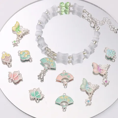 Chinese Style Alloy Enamel Drip Oil Pendants For Jewelry Making DIY Handcrafted Necklace Bracelet Butterfly Fan Flower Charms Jewelry Findings Accessory