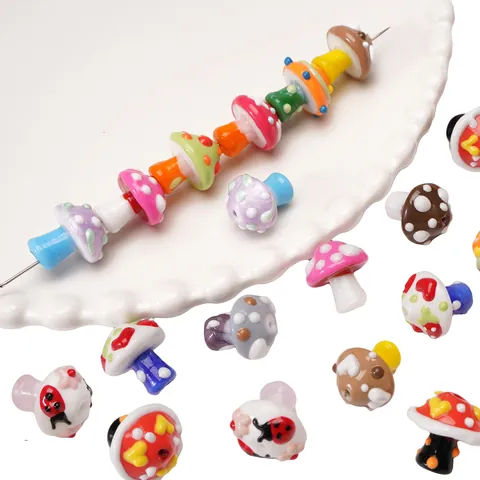 Handmade Mushroom Lampwork Glass Beads For DIY Bracelet Necklace Jewelry Making Cute Polka Dot Heart Pattern Loose Beads