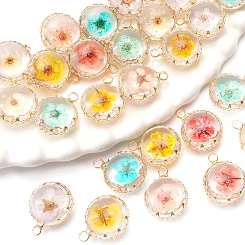 18K Gold Plated Copper Round Resin Charm Pendants With Real Dried Flowers Eternal Botanical For DIY Necklace Jewelry Making