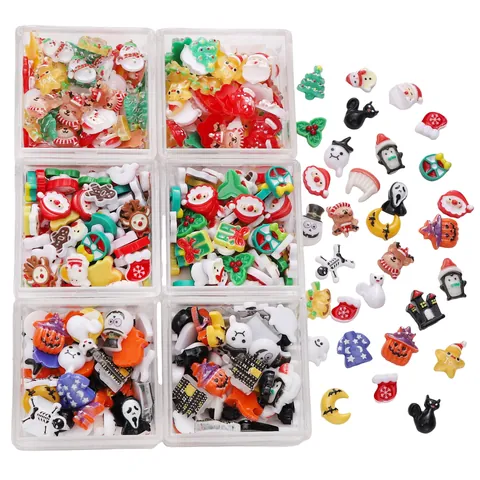 Resin Christmas Halloween Charms Mixed Festive Flatback Cabochons For DIY Jewelry Making Phone Case Decoration Cartoon Santa Pumpkin Ghost Craft Supplies