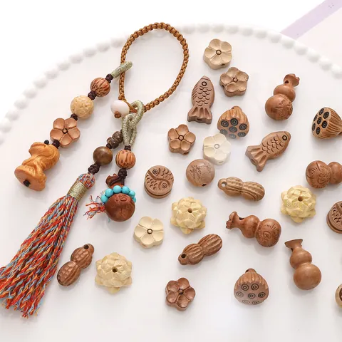 Traditionele Chinese Stijl Houten Kralen Handgesneden Kalebas Lotus Vis Bloem Zegen Houten Losse Kralen Voor DIY Sieraden Maken Ambachten