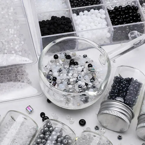 DIY Glass Seed Beads Set 2-4mm Black White Transparent Round Faceted Iridescent Beads For Jewelry Making Necklace Bracelet Handmade Craft