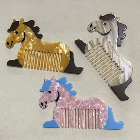 Pettine per Capelli a Forma di Cavallo in Acetato di Cellulosa per Donna Portatile Cartone Animato Trama Marmorea Accessorio Capelli