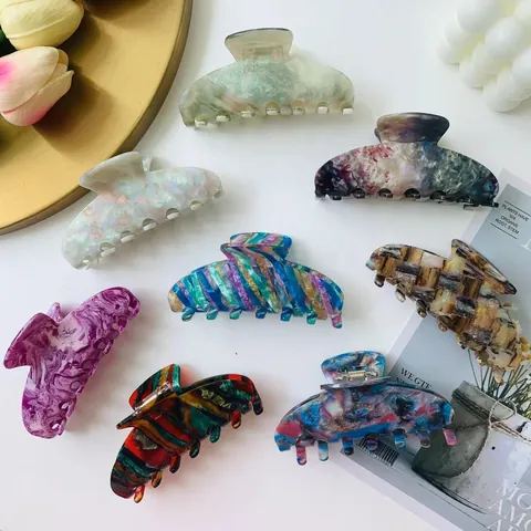 French Vintage Large Acetate Hair Claw Clip For Women Girls Ink Wash Marble Print Colorful Shark Clip Hair Accessories