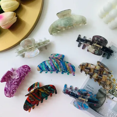 French Vintage Large Acetate Hair Claw Clip For Women Girls Ink Wash Marble Print Colorful Shark Clip Hair Accessories