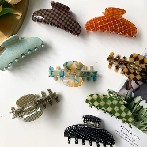 Grande Molletta per Capelli in Acetato a Scacchiera Retrò Stile Vintage Clip a Squalo per Capelli Folti Donna Accessori