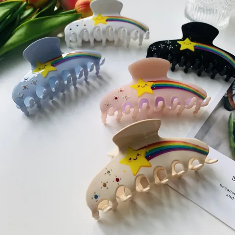 Molla per Capelli in Acetato Stella Arcobaleno Con Strass Grande Cartone Animato Viso Sorridente Accessori per Capelli Donna