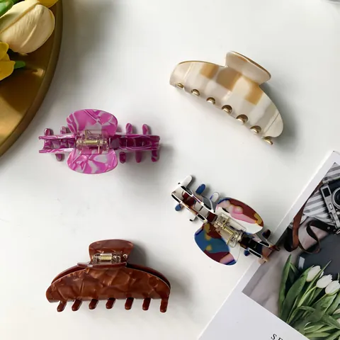 Pinza Per Capelli In Acetato Stile Coreano Per Donna Grande Motivo Geometrico Marmo Scacchiera Accessori Capelli
