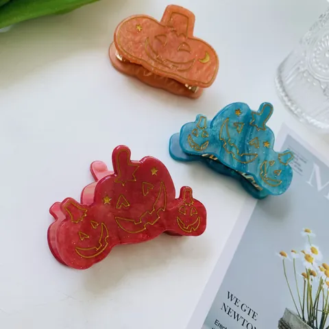 Festive Halloween Pumpkin Acetate Hair Claw Clip For Women Marbled Jack-O-Lantern Star Moon Pattern Hair Accessory Gift