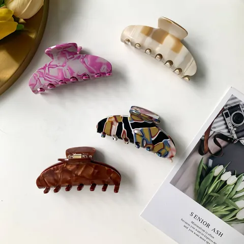 Pinza Per Capelli In Acetato Stile Coreano Per Donna Grande Motivo Geometrico Marmo Scacchiera Accessori Capelli