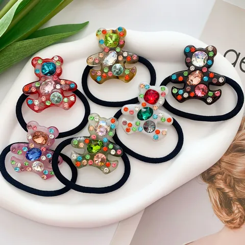 Korean Style Crystal Colorful Rhinestone Bear Hair Tie High Elastic Acetate Resin Animal Hair Band For Women Girls Jewelry