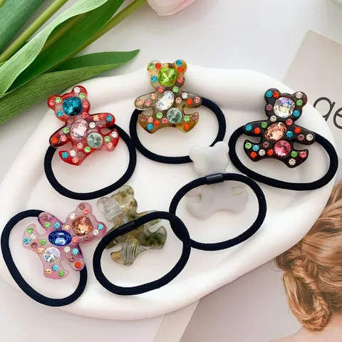 Korean Style Crystal Colorful Rhinestone Bear Hair Tie High Elastic Acetate Resin Animal Hair Band For Women Girls Jewelry