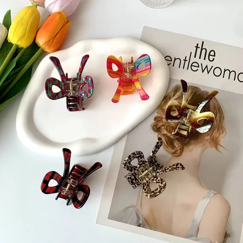 Acetate Butterfly Hair Claw Clips Colorful Plaid Marble Leopard Pattern Bow Shape Shark Clip Fashion Hair Accessories For Women Daily