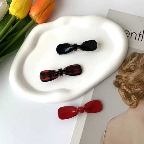 Acetate Bow Hair Clip Sweet Duckbill Clip Plaid Solid Color Glossy Bangs Clip For Women Girls Daily Hair Accessories