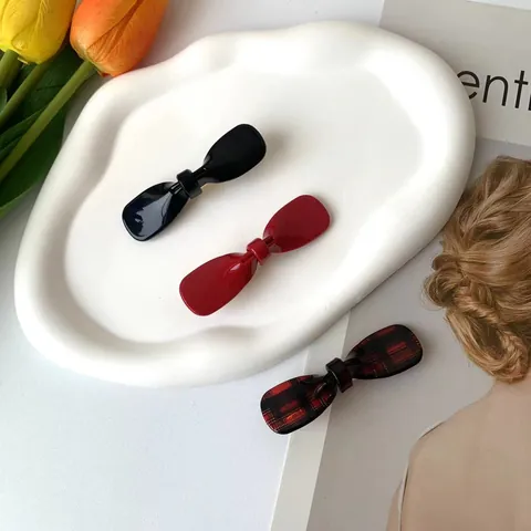 Acetate Bow Hair Clip Sweet Duckbill Clip Plaid Solid Color Glossy Bangs Clip For Women Girls Daily Hair Accessories