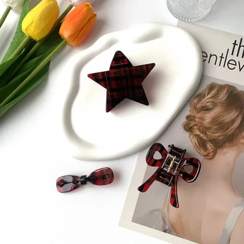 Red Black Plaid Acetate Hair Claw Clips Vintage Star Butterfly Bow Geometric Hair Clips Set For Women Fashion Hair Accessory
