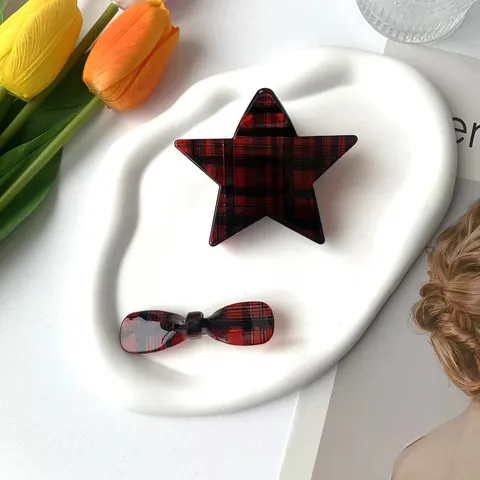 Red Black Plaid Acetate Hair Claw Clips Vintage Star Butterfly Bow Geometric Hair Clips Set For Women Fashion Hair Accessory