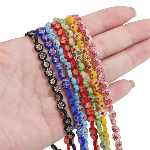 Handmade Millefiori Lampwork Glass Beads Flat Round Loose Beads Floral Pattern DIY Jewelry Making Bracelet Accessories