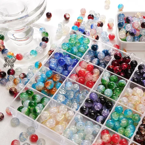 Glass Round Loose Beads Two Tone Crackle Texture For DIY Jewelry Making Bracelet Necklace Handmade Craft Accessories