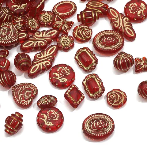 Perles en Acrylique Doré Rouge Pour la Fabrication de Bijoux DIY Motif Floral Vintage Perles en Vrac Pour Bracelets et Colliers Artisanat Femme