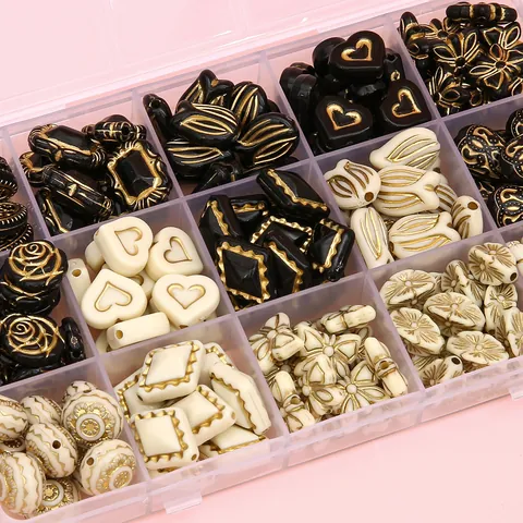 French Vintage Gold Rimmed Acrylic Beads For DIY Jewelry Making Bracelet Necklace Accessory Heart Geometric Mixed Beads