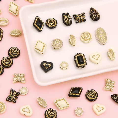 French Vintage Gold Rimmed Acrylic Beads For DIY Jewelry Making Bracelet Necklace Accessory Heart Geometric Mixed Beads