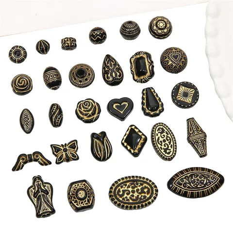 Cuentas de Acrílico Negro Trazado en Oro Vintage Francés Para Creación de Joyas DIY Pulsera Collar Corazón Rosa Ángel